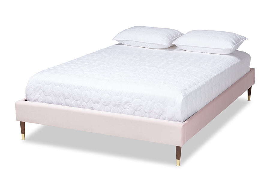 baxton studio volden glam and luxe light pink velvet fabric upholstered full size wood platform bed frame with gold tone leg tips | Modish Furniture Store-2