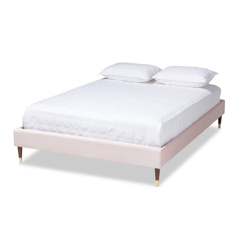 Baxton Studio Volden Glam and Luxe Light Pink Velvet Fabric Upholstered Queen Size Wood Platform Bed Frame with Gold-Tone Leg Tips | Beds | Modishstore