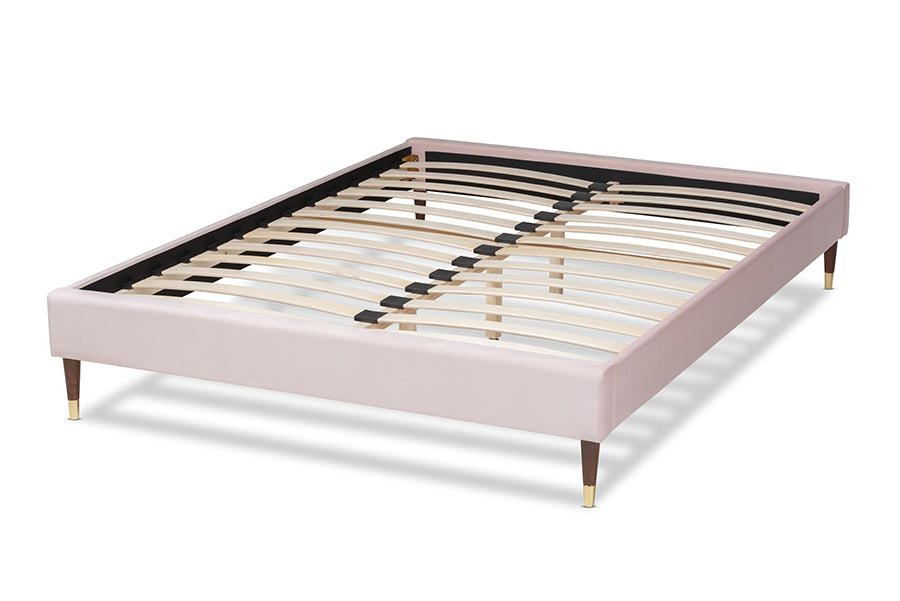 Baxton Studio Volden Glam and Luxe Light Pink Velvet Fabric Upholstered Queen Size Wood Platform Bed Frame with Gold-Tone Leg Tips | Beds | Modishstore - 7