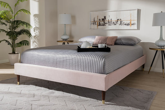 Baxton Studio Volden Glam and Luxe Light Pink Velvet Fabric Upholstered Full Size Wood Platform Bed Frame with Gold-Tone Leg Tips | Modishstore | Beds