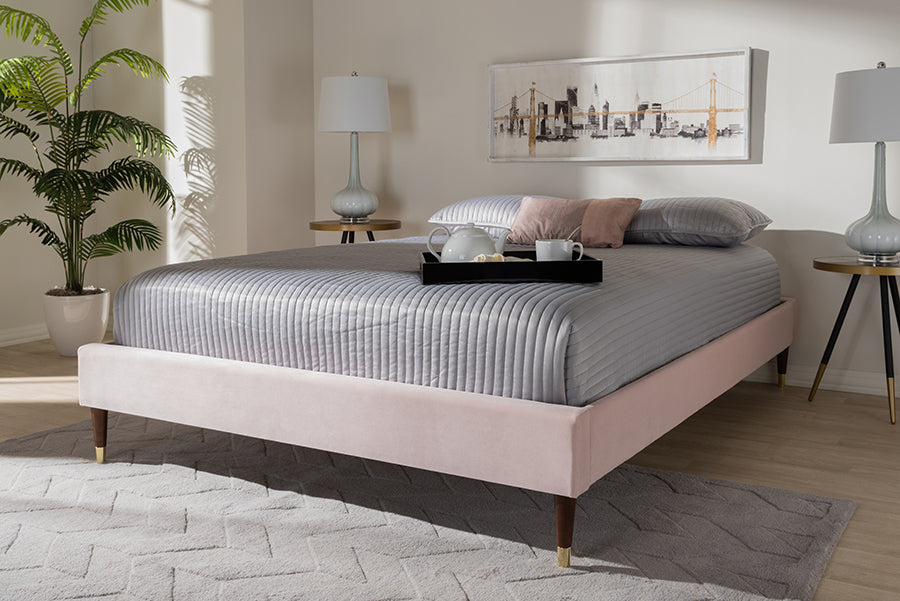 Baxton Studio Volden Glam and Luxe Light Pink Velvet Fabric Upholstered Full Size Wood Platform Bed Frame with Gold-Tone Leg Tips | Modishstore | Beds