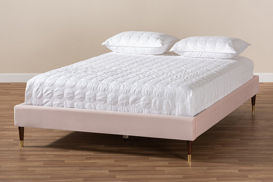 Baxton Studio Volden Glam and Luxe Light Pink Velvet Fabric Upholstered Queen Size Wood Platform Bed Frame with Gold-Tone Leg Tips | Beds | Modishstore - 3