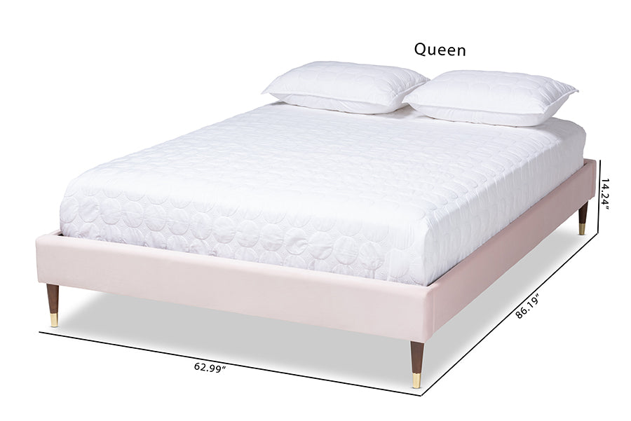 Baxton Studio Volden Glam and Luxe Light Pink Velvet Fabric Upholstered Queen Size Wood Platform Bed Frame with Gold-Tone Leg Tips | Beds | Modishstore - 6