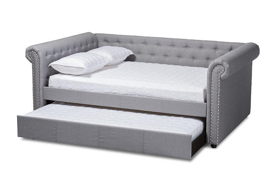 baxton studio mabelle modern and contemporary gray fabric upholstered queen size daybed with trundle | Modish Furniture Store-3