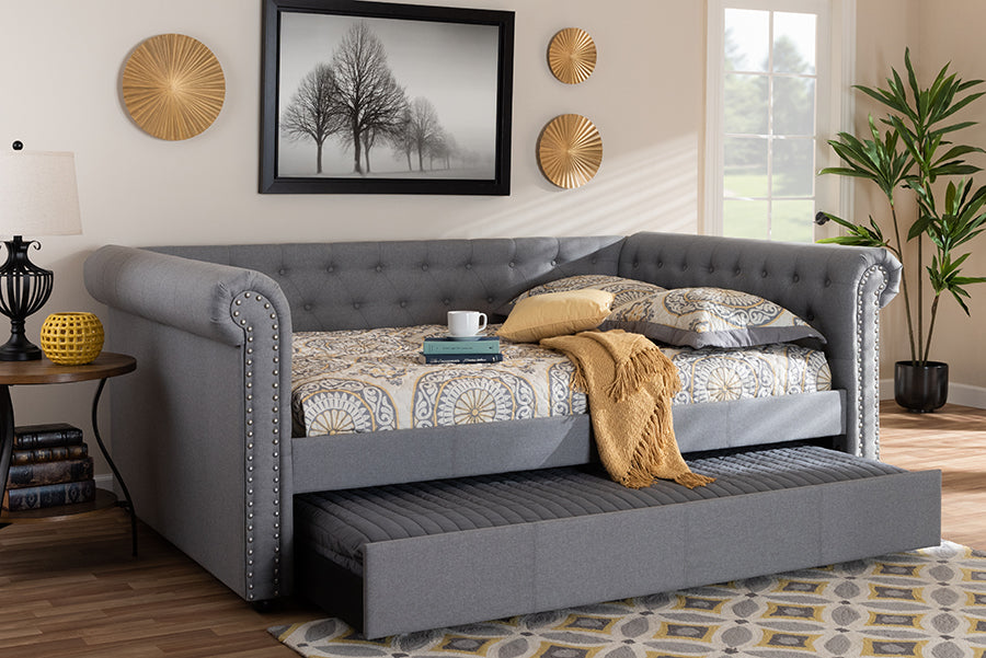 Baxton Studio Mabelle Modern and Contemporary Gray Fabric Upholstered Full Size Daybed with Trundle | Modishstore | Beds