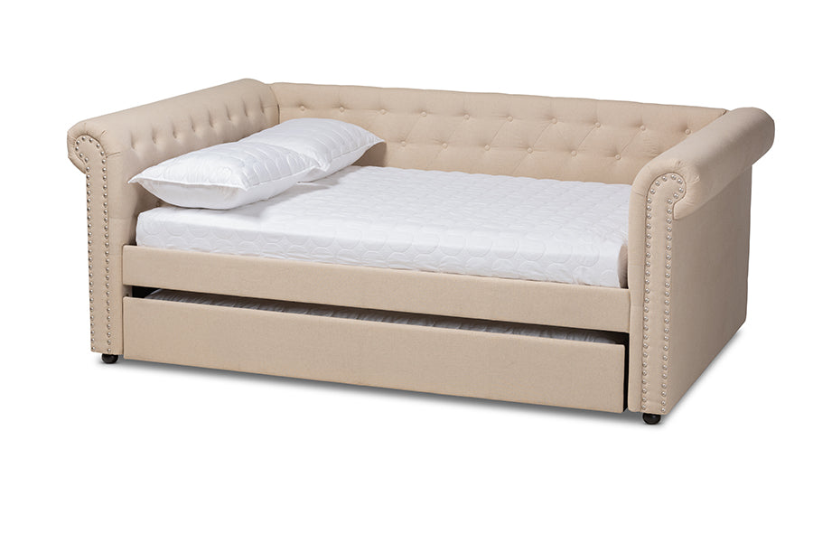 baxton studio mabelle modern and contemporary beige fabric upholstered full size daybed with trundle | Modish Furniture Store-2