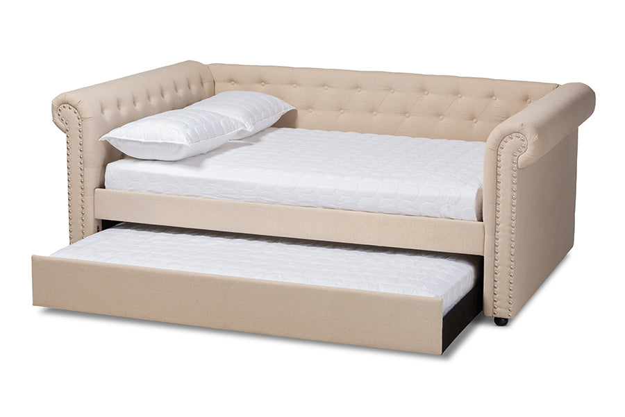 baxton studio mabelle modern and contemporary beige fabric upholstered full size daybed with trundle | Modish Furniture Store-3