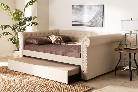 Baxton Studio Mabelle Modern and Contemporary Beige Fabric Upholstered Full Size Daybed with Trundle | Modishstore | Beds