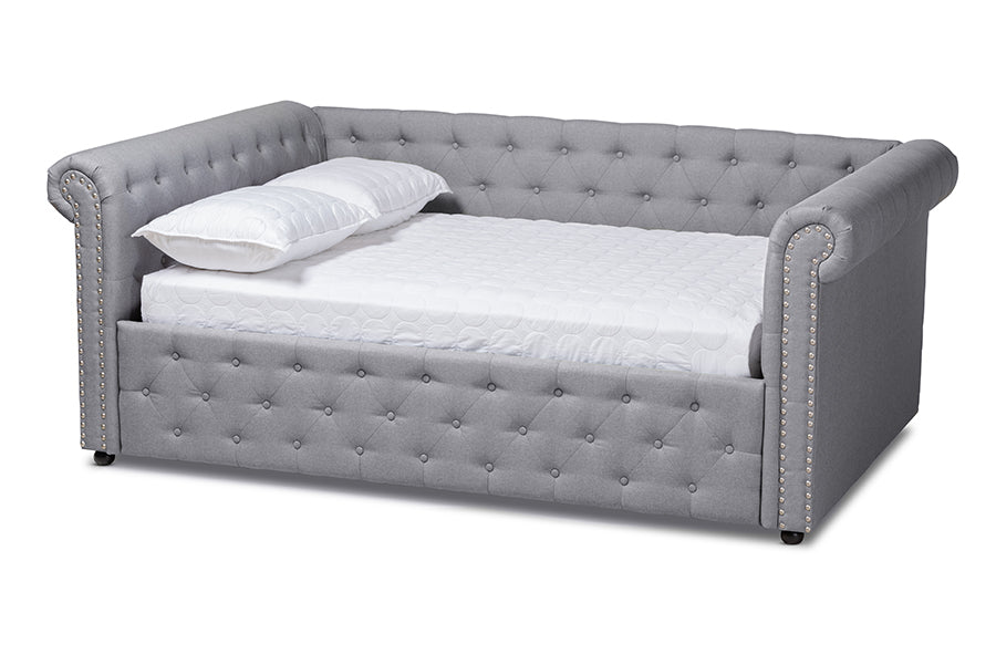 baxton studio mabelle modern and contemporary gray fabric upholstered queen size daybed | Modish Furniture Store-2