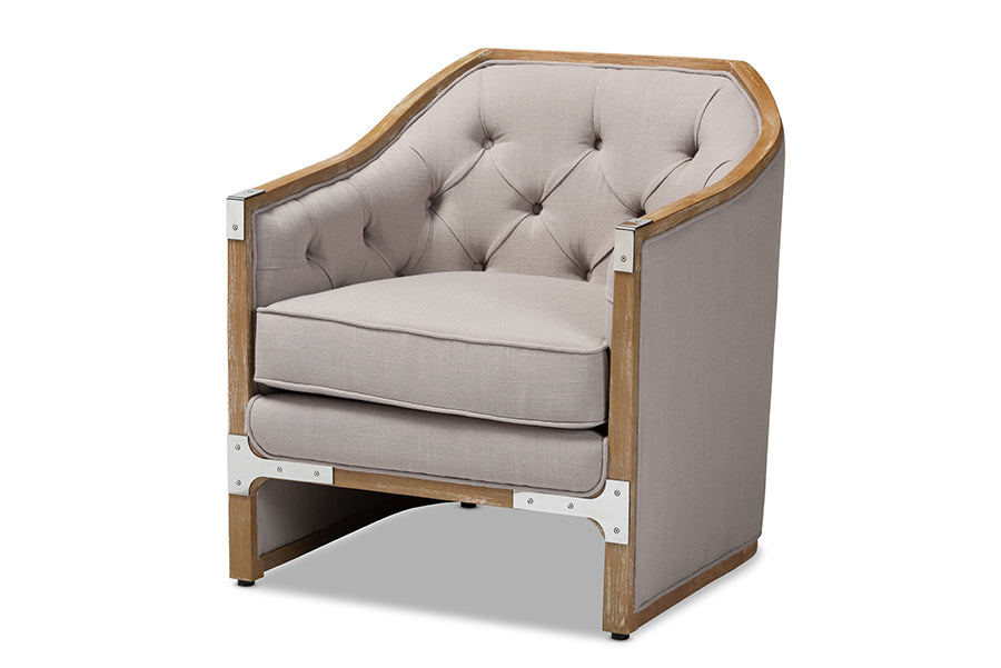 baxton studio terina french country industrial grey beige fabric upholstered whitewashed oak wood armchair with metal accents | Modish Furniture Store-2