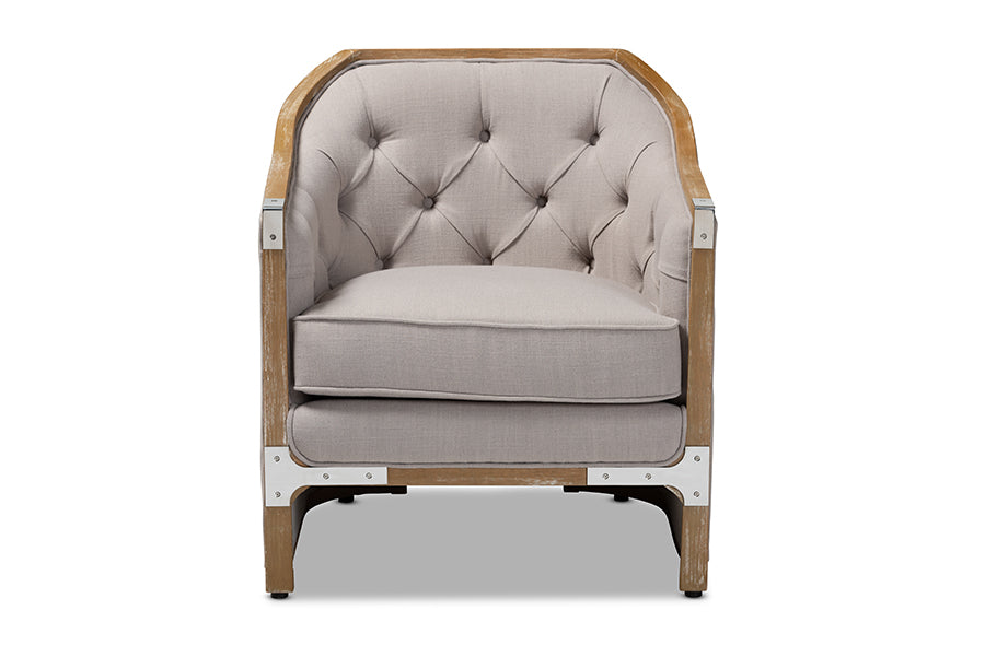 baxton studio terina french country industrial grey beige fabric upholstered whitewashed oak wood armchair with metal accents | Modish Furniture Store-3