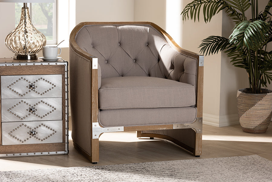 Baxton Studio Terina French Country Industrial Grey-Beige Fabric Upholstered Whitewashed Oak Wood Armchair with Metal Accents | Modishstore | Armchairs