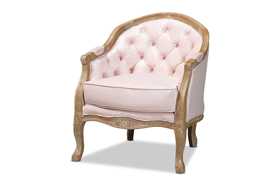 baxton studio genevieve traditional french provincial light pink velvet upholstered white washed oak wood armchair | Modish Furniture Store-2