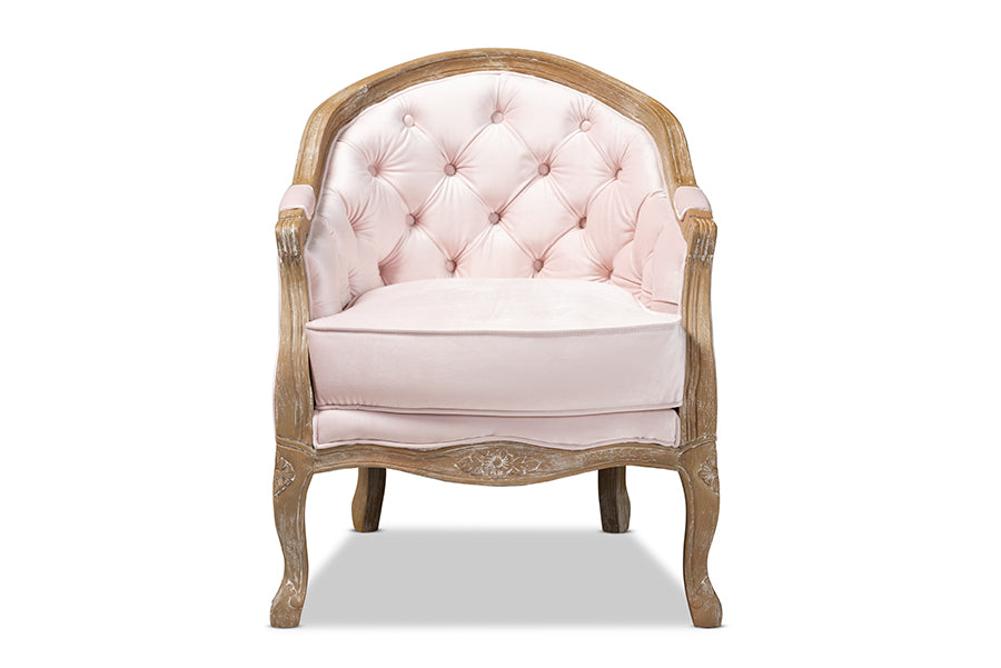 baxton studio genevieve traditional french provincial light pink velvet upholstered white washed oak wood armchair | Modish Furniture Store-3