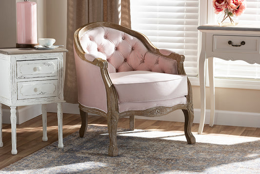 Baxton Studio Genevieve Traditional French Provincial Light Pink Velvet Upholstered White-Washed Oak Wood Armchair | Modishstore | Armchairs