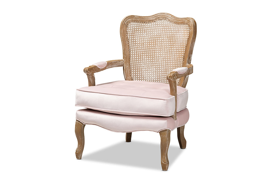 baxton studio vallea traditional french provincial light pink velvet fabric upholstered white washed oak wood armchair | Modish Furniture Store-2