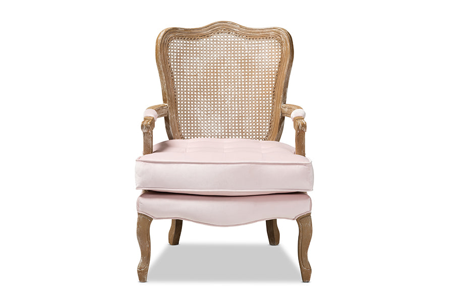 baxton studio vallea traditional french provincial light pink velvet fabric upholstered white washed oak wood armchair | Modish Furniture Store-3