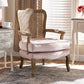 Baxton Studio Vallea Traditional French Provincial Light Pink Velvet Fabric Upholstered White-Washed Oak Wood Armchair | Modishstore | Armchairs