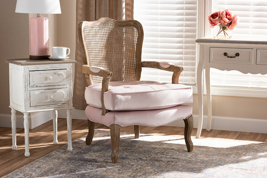Baxton Studio Vallea Traditional French Provincial Light Pink Velvet Fabric Upholstered White-Washed Oak Wood Armchair | Modishstore | Armchairs