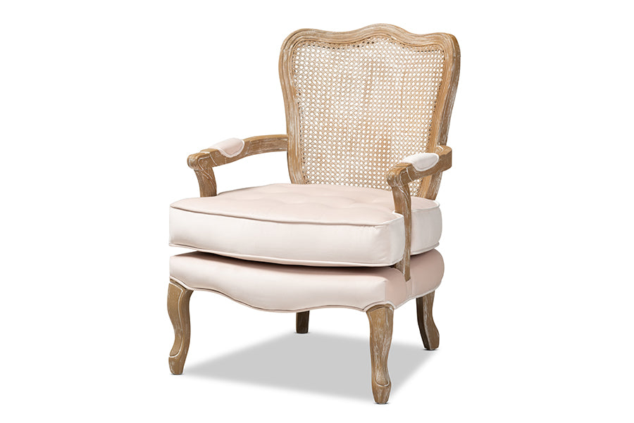 baxton studio vallea traditional french provincial light beige velvet fabric upholstered white washed oak wood armchair | Modish Furniture Store-2