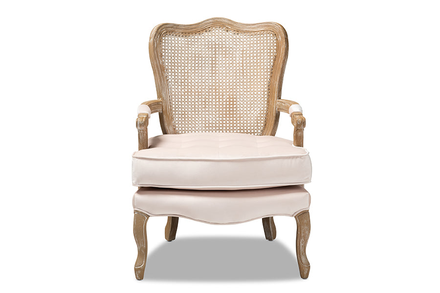baxton studio vallea traditional french provincial light beige velvet fabric upholstered white washed oak wood armchair | Modish Furniture Store-3