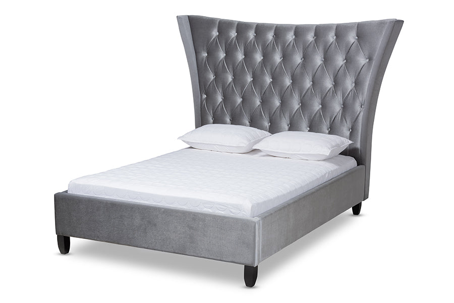 baxton studio viola glam and luxe grey velvet fabric upholstered and button tufted queen size platform bed with tall wingback headboard | Modish Furniture Store-2