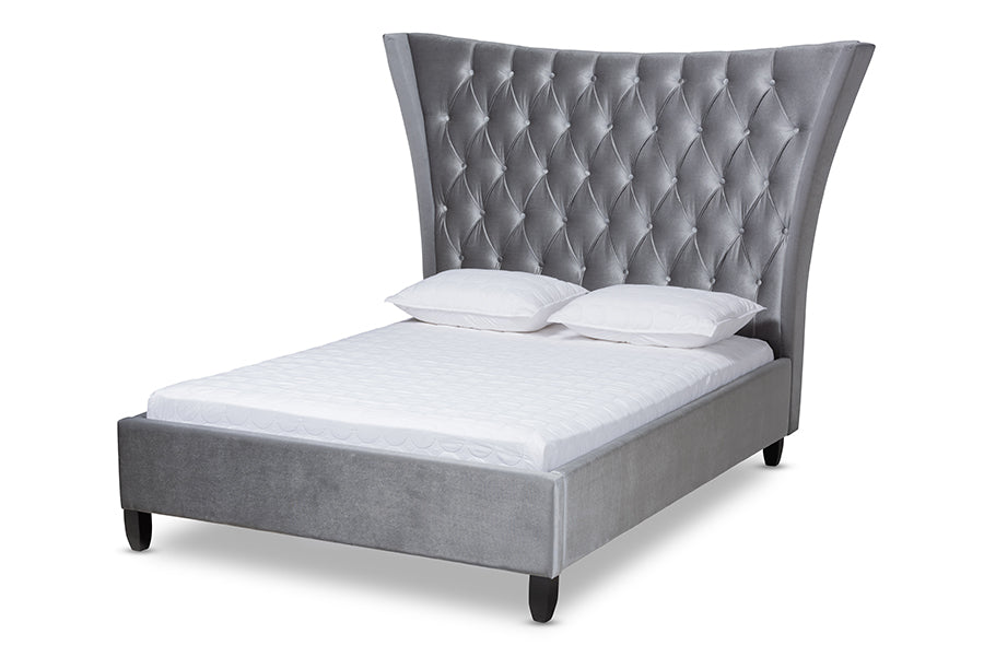 baxton studio viola glam and luxe grey velvet fabric upholstered and button tufted king size platform bed with tall wingback headboard | Modish Furniture Store-2