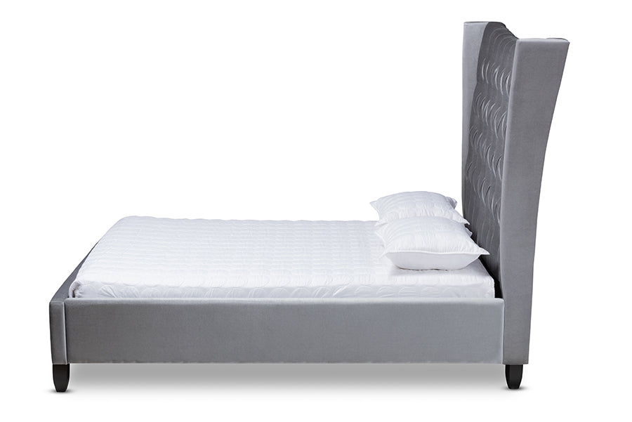 baxton studio viola glam and luxe grey velvet fabric upholstered and button tufted king size platform bed with tall wingback headboard | Modish Furniture Store-3