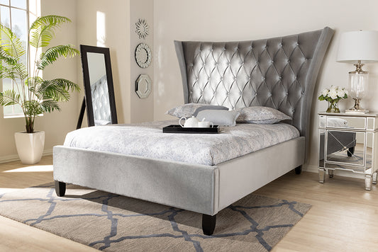 Baxton Studio Viola Glam and Luxe Grey Velvet Fabric Upholstered and Button Tufted Queen Size Platform Bed with Tall Wingback Headboard | Modishstore | Beds