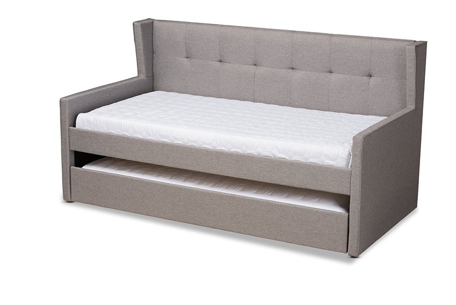 baxton studio giorgia modern and contemporary grey fabric upholstered twin size daybed with trundle | Modish Furniture Store-2