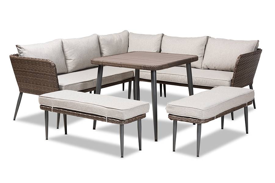 baxton studio lillian modern and contemporary light grey upholstered and brown finished 5 piece woven rattan outdoor patio set | Modish Furniture Store - 4