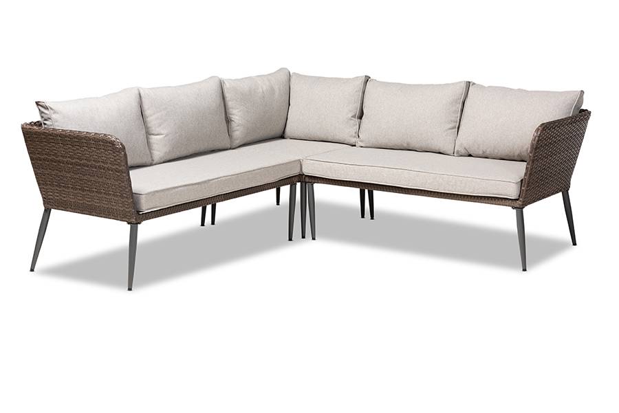 baxton studio lillian modern and contemporary light grey upholstered and brown finished 5 piece woven rattan outdoor patio set | Modish Furniture Store - 6