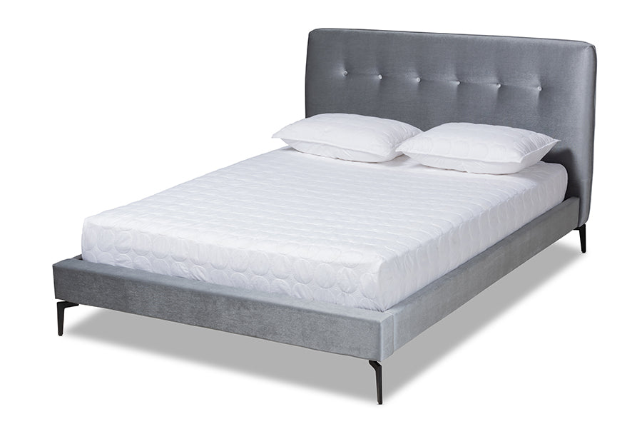 baxton studio ingrid glam and luxe silver grey velvet fabric upholstered king size platform bed | Modish Furniture Store-2