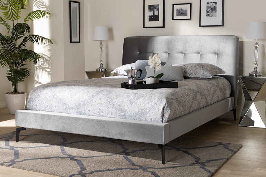 Baxton Studio Ingrid Glam and Luxe Silver Grey Velvet Fabric Upholstered Queen Size Platform Bed | Modishstore | Beds