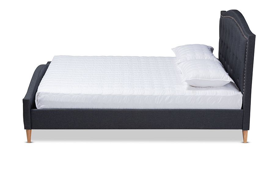 baxton studio felisa modern and contemporary charcoal grey fabric upholstered and button tufted king size platform bed | Modish Furniture Store-3