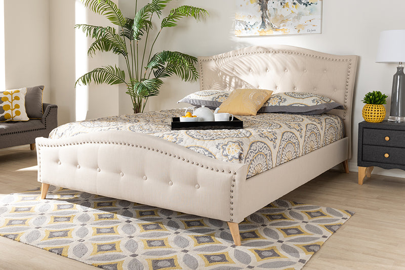 Baxton Studio Felisa Modern and Contemporary Beige Fabric Upholstered and Button Tufted King Size Platform Bed | Modishstore | Beds