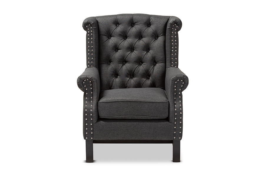 baxton studio charrette transitional gray fabric upholstered button tufted armchair | Modish Furniture Store-3