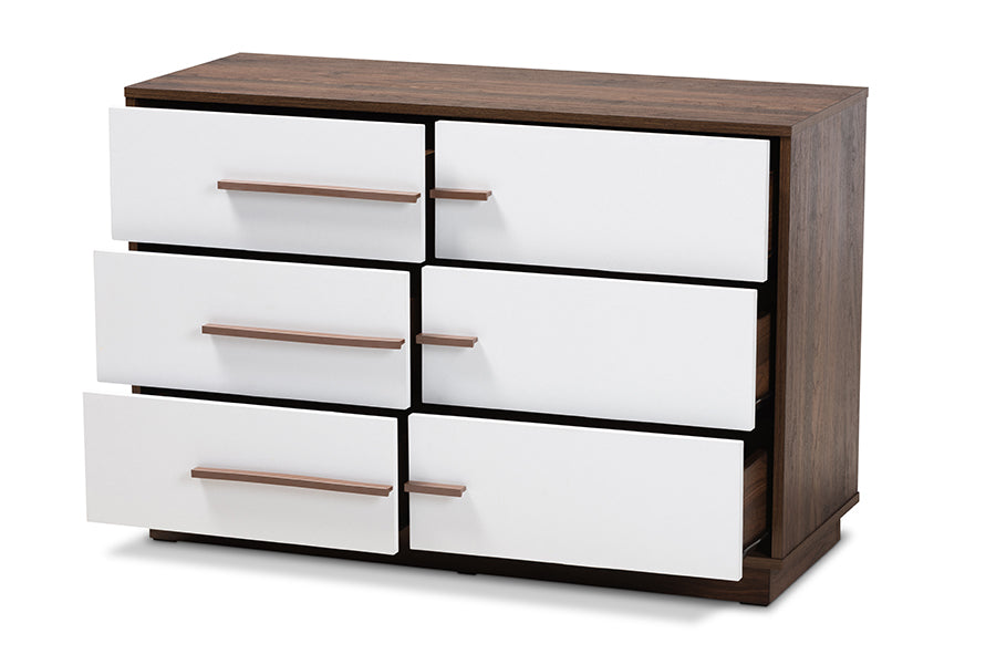 baxton studio mette mid century modern two tone white and walnut finished 6 drawer wood dresser | Modish Furniture Store-3