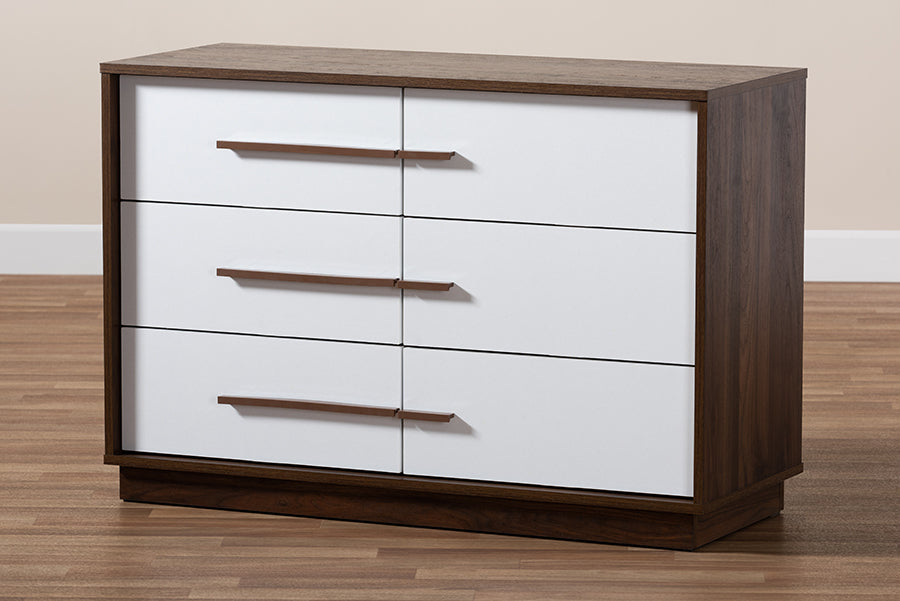 Baxton Studio Mette Mid-Century Modern Two-Tone White and Walnut Finished 6-Drawer Wood Dresser | Modishstore | Drawers