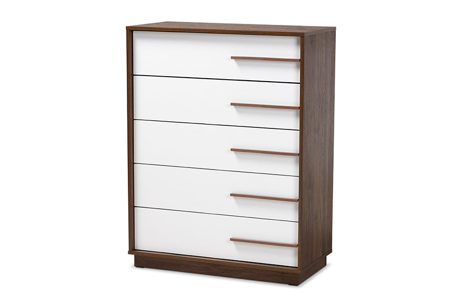 baxton studio mette mid century modern two tone white and walnut finished 5 drawer wood chest | Modish Furniture Store-2