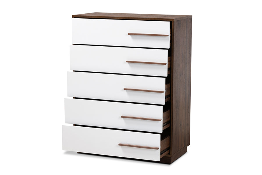 baxton studio mette mid century modern two tone white and walnut finished 5 drawer wood chest | Modish Furniture Store-3