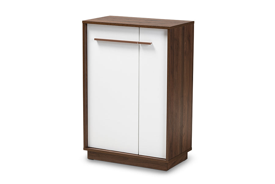 baxton studio mette mid century modern two tone white and walnut finished 5 shelf wood entryway shoe cabinet | Modish Furniture Store-2