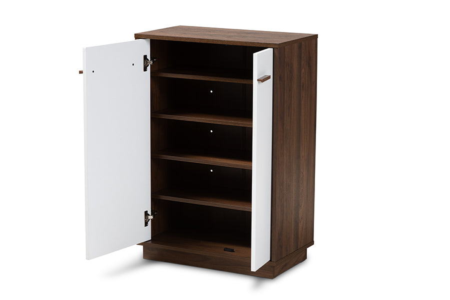 baxton studio mette mid century modern two tone white and walnut finished 5 shelf wood entryway shoe cabinet | Modish Furniture Store-3