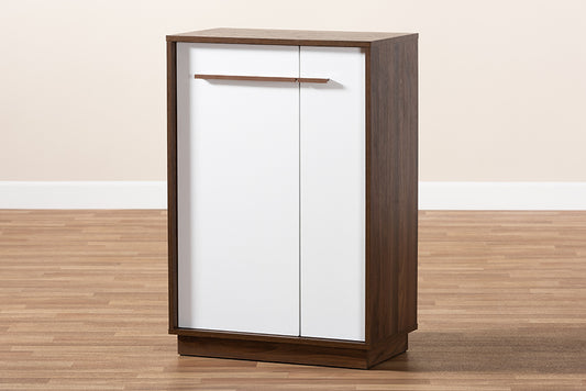 Baxton Studio Mette Mid-Century Modern Two-Tone White and Walnut Finished 5-Shelf Wood Entryway Shoe Cabinet | Modishstore | Cabinets