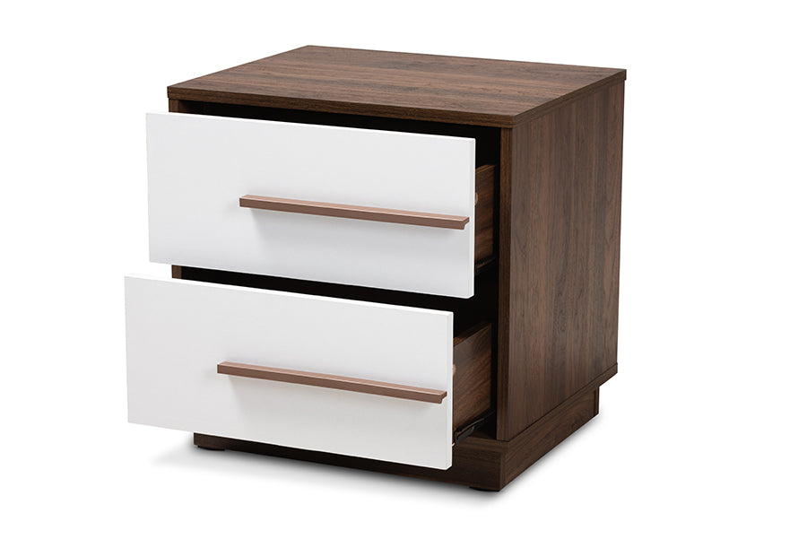 baxton studio mette mid century modern two tone white and walnut finished 2 drawer wood nightstand | Modish Furniture Store-3