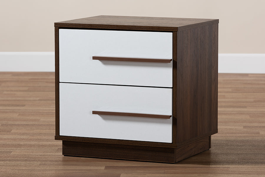 Baxton Studio Mette Mid-Century Modern Two-Tone White and Walnut Finished 2-Drawer Wood Nightstand | Modishstore | Nightstands