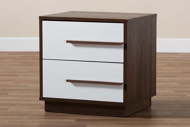 Baxton Studio Mette Mid-Century Modern Two-Tone White and Walnut Finished 2-Drawer Wood Nightstand | Modishstore | Nightstands