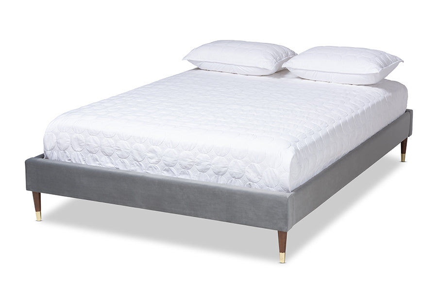 baxton studio volden glam and luxe charcoal velvet fabric upholstered full size wood platform bed frame with gold tone leg tips | Modish Furniture Store-2