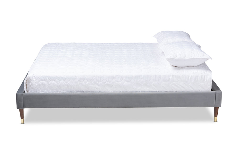 baxton studio volden glam and luxe charcoal velvet fabric upholstered full size wood platform bed frame with gold tone leg tips | Modish Furniture Store-3