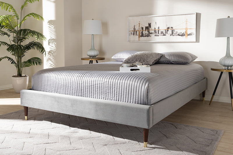 Baxton Studio Volden Glam and Luxe Charcoal Velvet Fabric Upholstered Full Size Wood Platform Bed Frame with Gold-Tone Leg Tips | Modishstore | Beds